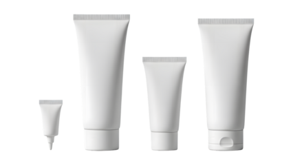 Four white cosmetic tubes isolated on transparent background