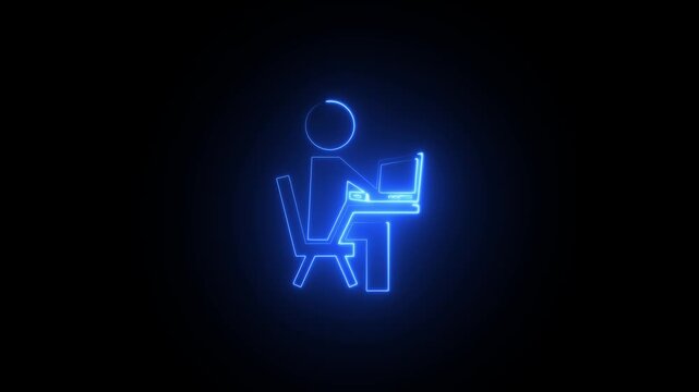 Neon blue person sitting at desk with laptop computer glowing outline on black background human stick figure