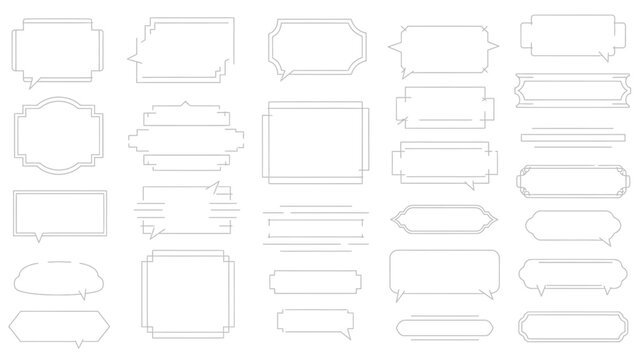 A collection of various decorative speech bubble outlines and frames in a clean, minimalist white line art style.