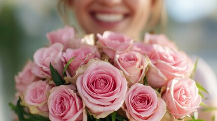 pink rose bouquet held by a smiling woman