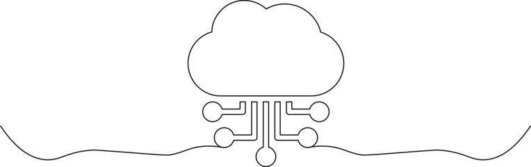 A simple line drawing of a cloud connected to a circuit board with lines