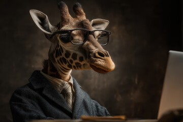 Giraffe in glasses studies at a desk while focused on a laptop for research or creative work during a cozy indoor setting