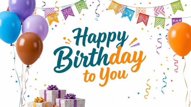 Happy birthday to you animated text with balloons and confetti