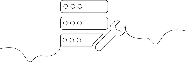 A simple line drawing of computer servers with a wrench for maintenance