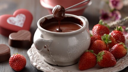 Chocolate fondue with strawberries and hearts