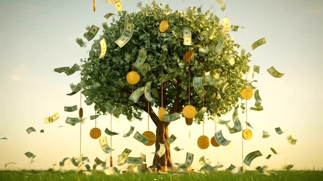 Money Tree with Falling Cash and Coins Symbolizing Financial Growth and Investment.