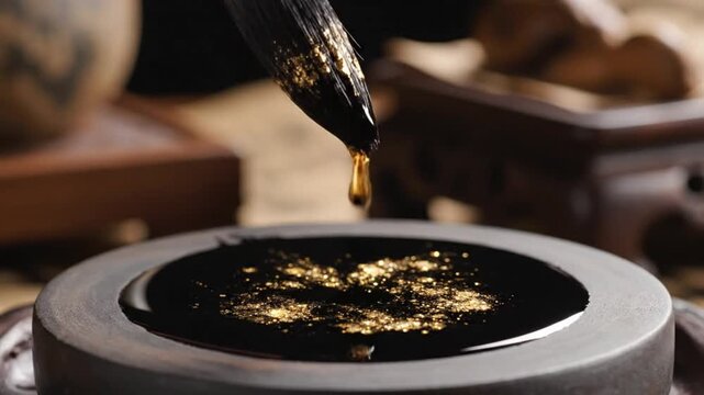A brush laden with black liquid and gold flakes dips into a dark round inkwell containing similar sparkling specks surrounded by blurred wooden objects