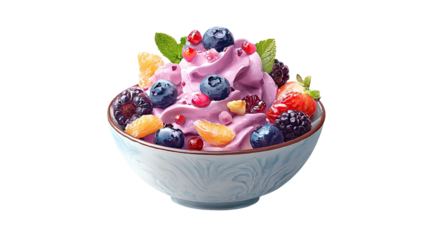  Colorful acai bowl topped with fresh fruits, granola, coconut flakes, and seeds served with berries isolated on white background