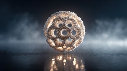 A levitating orb of rice grains, arranged into a glowing geometric lattice, hovers in perfect balance. Reflections on the