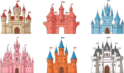 Fairytale castle vector set with colorful royal palaces magic medieval fortresses and fantasy kingdom towers isolated on white background for children story illustration © MstBobita