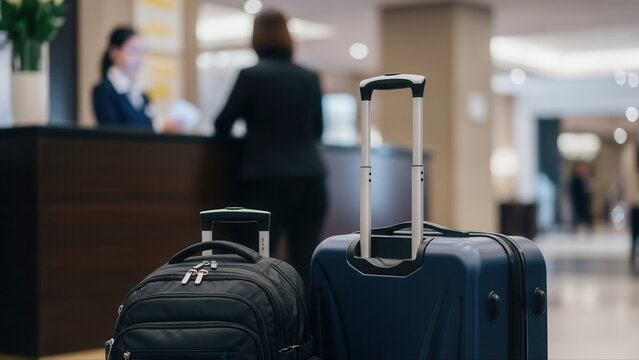 Guest checking in at hotel reception with suitcase in foreground, modern lobby setting with soft lighting and blurred background, focus on luggage