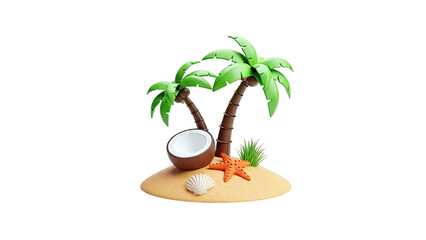 Obraz premium Tropical Island Scene with Palm Trees, Coconut, and Shells