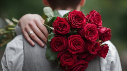 hand man holding red rose bouquet behind his back