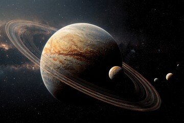 Majestic planet adorned with rings and moons captured in the vastness of space showcasing the beauty of celestial bodies