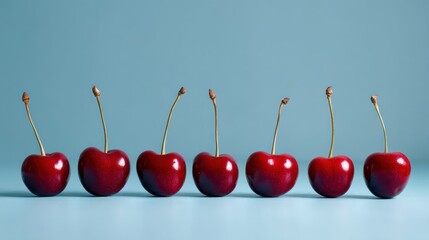 A minimalist composition of cherries aligned in a straight horizontal line across a matte backdrop, stems pointing upward. Light