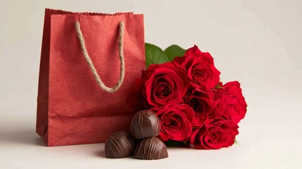 Gift bag with a red rose bouquet and chocolate 