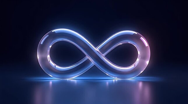 Luxury abstract illustration of a transparent glass infinity loop with soft neon glow, premium futuristic style, smooth reflections, isolated on dark clean background, high detail 3D render, no text