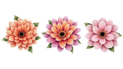 Three colorful flowers isolated on transparent background