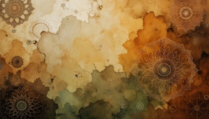 Earthy Organic Watercolor Background with Warm Brown, Orange, Green Tones and Intricate Mandala Patterns