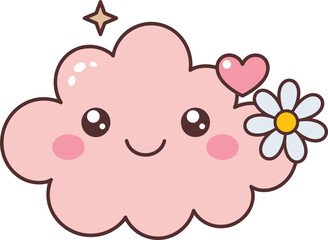Adorable pink cloud character with a heart and daisy flower weather cute