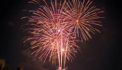 Bright Colorful Fireworks Exploding Over Night Sky, Vibrant Celebration, Festive Atmosphere, Illuminated Darkness