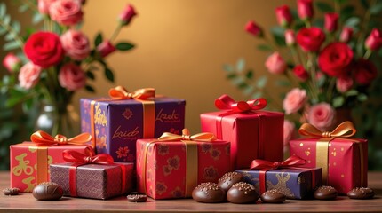 Colorful gift boxes with roses
