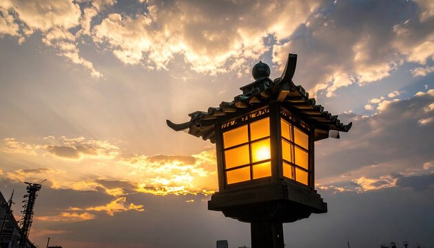 Ornate lantern against a vibrant sunset with cloud formations - Powered by Adobe