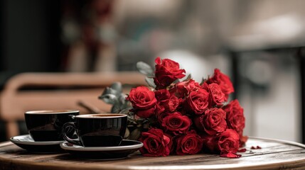 Red rose bouquet in cafe