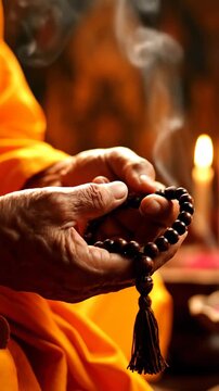Close-up of a monk counting dark prayer beads in a warm, spiritual indoor setting with dramatic lighting and smoke.