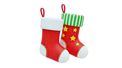 Two festive Christmas stockings, one with stars, on white background