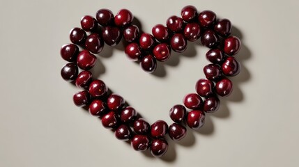 Obraz premium A minimalist overhead shot of cherries arranged into a heart-shaped outline on a neutral background, glossy surfaces captured in
