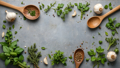 Fototapeta premium Fresh Herbs and Ingredients on Grey Kitchen Surface