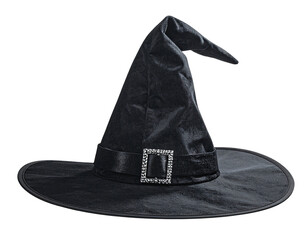 A black, pointy witch hat, with a wide brim, embellished with a sparkling square buckle