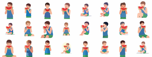Obraz premium Happy young boys enjoying fresh watermelon slices in various poses, a vector illustration set focused on summer fruit consumption.