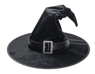 Isolated shot of a classic black witch hat on a solid background