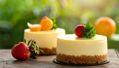 Two mini cheesecakes topped with fruits and greens on a wooden surface, blurred green background and natural lighting