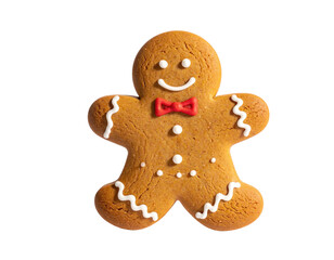 Cute gingerbread cookie person with icing, bow tie, and festive holiday look