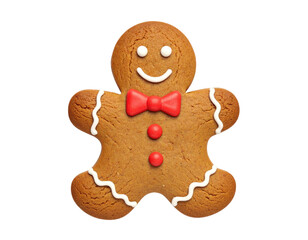 A smiling gingerbread man with white icing trim, a red bow tie and button decorations