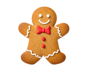 Adorable gingerbread man with a smiling face, red bow tie, and decorative icing