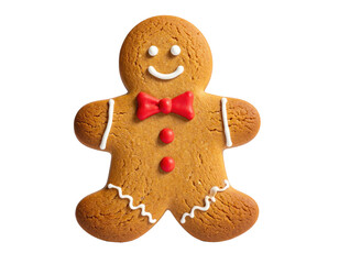 A gingerbread man with white icing, red bow tie, and buttons, on a black background