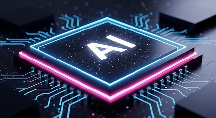 Abstract digital art representing artificial intelligence with glowing blue and pink neon lights on a circuit board