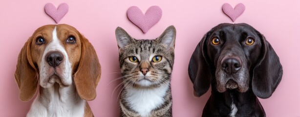 Close up portrait of a Beagle dog a tabby cat and a black dog standing together under decorative pink knitted hearts