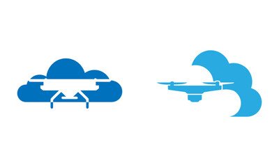 Blue and white drone with camera flying above cloud