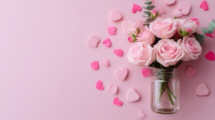 pink rose bouquet and heart confetti 