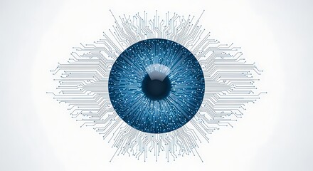 Closeup of a stylized, futuristic blue eye with intricate digital circuitry patterns radiating outwards, representing surveillance, vision, and data analysis