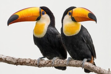 Fototapeta premium Realistic portrayal of vibrant toucans perched on a branch against a clean white background, showcasing their striking colors and unique stature in a natural setting