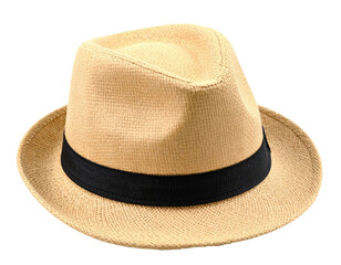 A woven beige fedora hat with a black band. Isolated on a transparent background