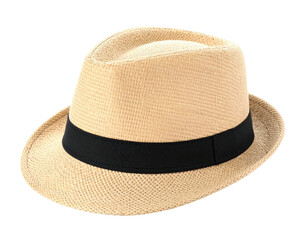 A sun hat made of straw, featuring a black band. Isolated on white background