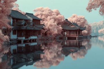 Traditional Chinese architecture captured in surreal infrared tones reflected in tranquil waters during a calm afternoon