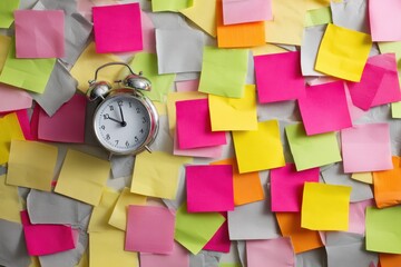 Colorful sticky notes surrounding a silver alarm clock emphasizing the importance of organization and time management in daily life